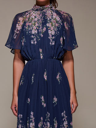 High Neck Short Sleeve Pleated Chiffon Dress, Navy Floral