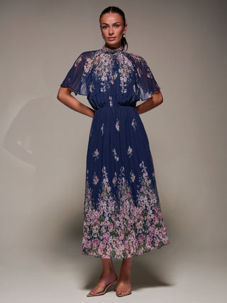 High Neck Short Sleeve Pleated Chiffon Dress, Navy Floral