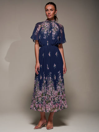High Neck Short Sleeve Pleated Chiffon Dress, Navy Floral