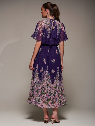 High Neck Short Sleeve Pleated Chiffon Dress, Purple Floral