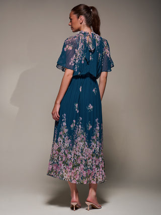 High Neck Short Sleeve Pleated Chiffon Dress, Teal Floral