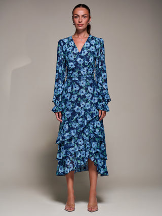 Long Sleeve Frill Detail Mesh Maxi Dress, Blue Floral