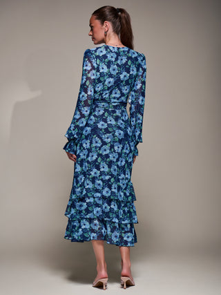 Long Sleeve Frill Detail Mesh Maxi Dress, Blue Floral