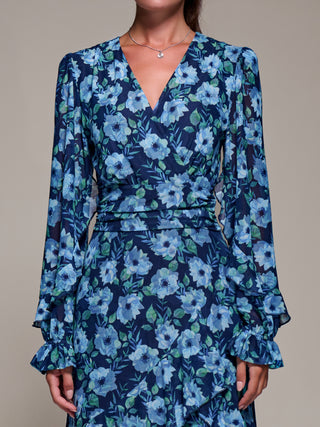 Long Sleeve Frill Detail Mesh Maxi Dress, Blue Floral