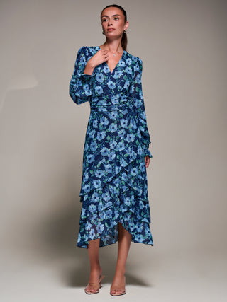 Long Sleeve Frill Detail Mesh Maxi Dress, Blue Floral