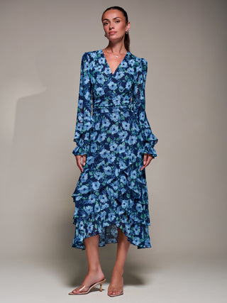 Long Sleeve Frill Detail Mesh Maxi Dress, Blue Floral