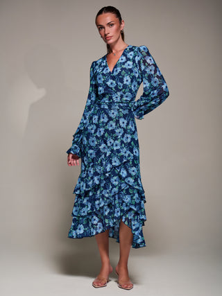 Long Sleeve Frill Detail Mesh Maxi Dress, Blue Floral