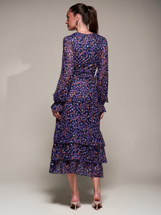 Long Sleeve Frill Detail Mesh Maxi Dress, Navy Floral