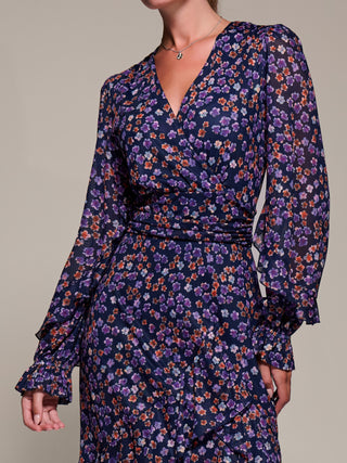 Long Sleeve Frill Detail Mesh Maxi Dress, Navy Floral