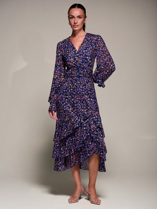 Long Sleeve Frill Detail Mesh Maxi Dress, Navy Floral