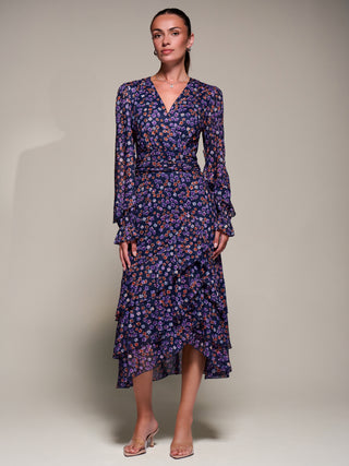 Long Sleeve Frill Detail Mesh Maxi Dress, Navy Floral