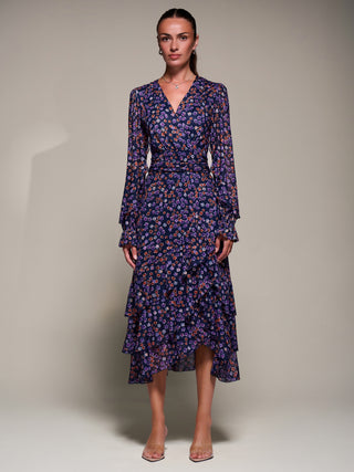 Long Sleeve Frill Detail Mesh Maxi Dress, Navy Floral