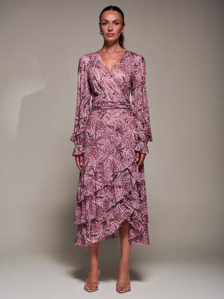 Long Sleeve Frill Detail Mesh Maxi Dress, Pink Abstract