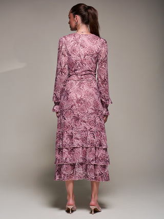 Long Sleeve Frill Detail Mesh Maxi Dress, Pink Abstract