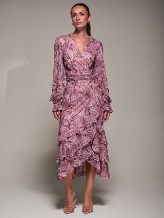 Long Sleeve Frill Detail Mesh Maxi Dress, Pink Abstract