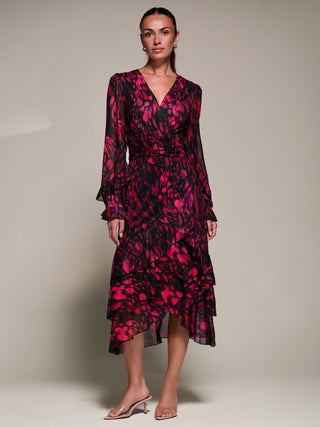 Long Sleeve Frill Detail Mesh Maxi Dress, Red Abstract
