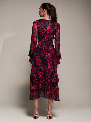 Long Sleeve Frill Detail Mesh Maxi Dress, Red Abstract