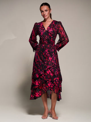 Long Sleeve Frill Detail Mesh Maxi Dress, Red Abstract