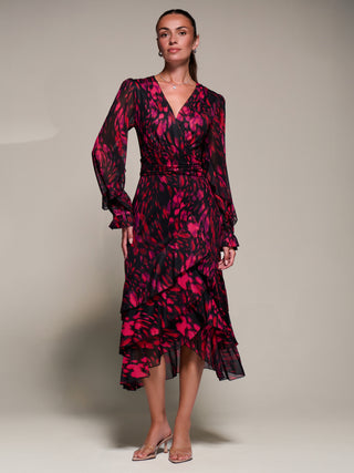 Long Sleeve Frill Detail Mesh Maxi Dress, Red Abstract