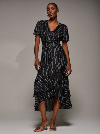 Angel Sleeve Ruffle Hem Mesh Midaxi Dress, Black Spot