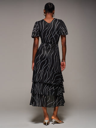 Angel Sleeve Ruffle Hem Mesh Midaxi Dress, Black Spot