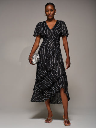 Angel Sleeve Ruffle Hem Mesh Midaxi Dress, Black Spot