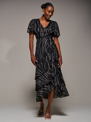 Angel Sleeve Ruffle Hem Mesh Midaxi Dress, Black Spot