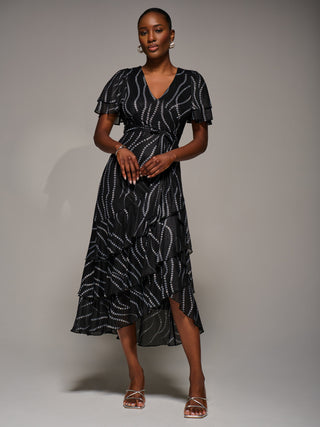 Angel Sleeve Ruffle Hem Mesh Midaxi Dress, Black Spot