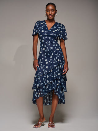 Angel Sleeve Ruffle Hem Mesh Midaxi Dress, Navy Spot