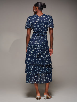 Angel Sleeve Ruffle Hem Mesh Midaxi Dress, Navy Spot
