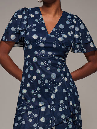 Angel Sleeve Ruffle Hem Mesh Midaxi Dress, Navy Spot
