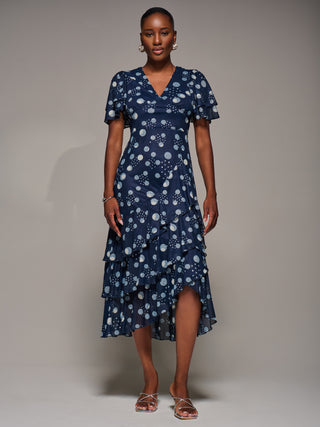 Angel Sleeve Ruffle Hem Mesh Midaxi Dress, Navy Spot