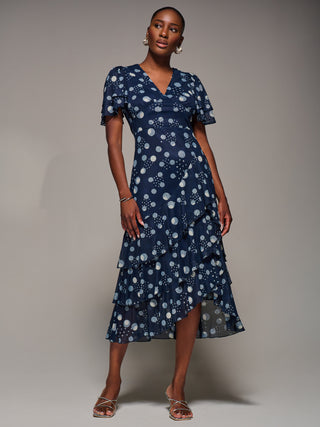 Angel Sleeve Ruffle Hem Mesh Midaxi Dress, Navy Spot