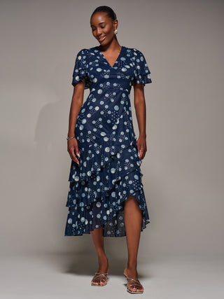 Angel Sleeve Ruffle Hem Mesh Midaxi Dress, Navy Spot