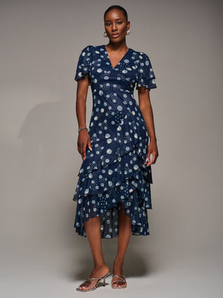 Angel Sleeve Ruffle Hem Mesh Midaxi Dress, Navy Spot