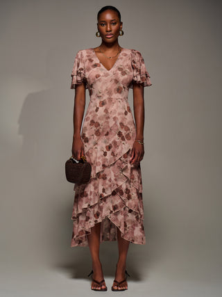 Angel Sleeve Ruffle Hem Mesh Midaxi Dress, Pink Floral