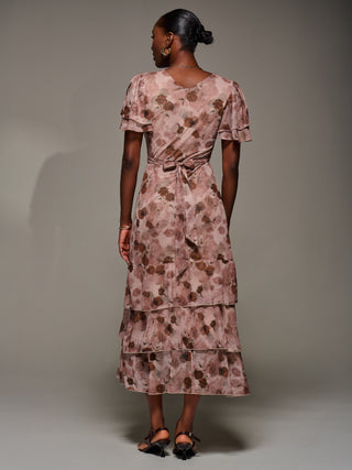 Angel Sleeve Ruffle Hem Mesh Midaxi Dress, Pink Floral