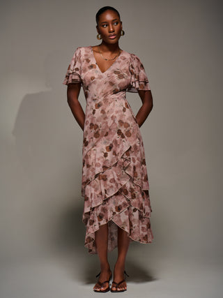 Angel Sleeve Ruffle Hem Mesh Midaxi Dress, Pink Floral