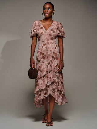 Angel Sleeve Ruffle Hem Mesh Midaxi Dress, Pink Floral