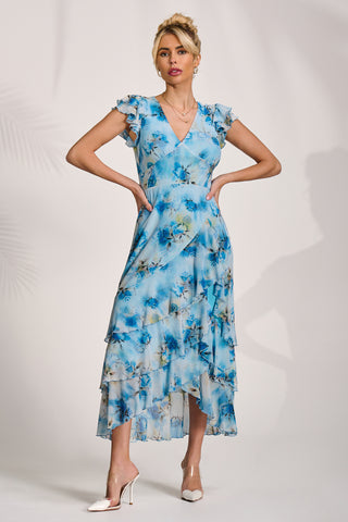 Mesh Ruffle Detail Maxi Dress, Blue Floral