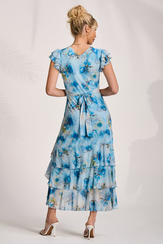 Mesh Ruffle Detail Maxi Dress, Blue Floral