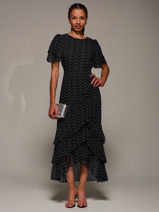 Ruffle Detail Chiffon Midaxi Dress, Black Heart