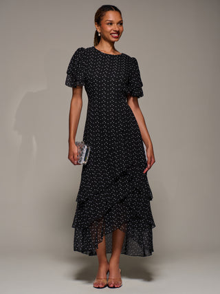 Ruffle Detail Chiffon Midaxi Dress, Black Heart