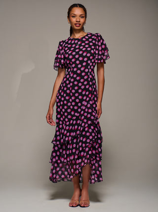 Ruffle Detail Chiffon Midaxi Dress, Black Spot