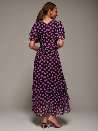 Ruffle Detail Chiffon Midaxi Dress, Black Spot
