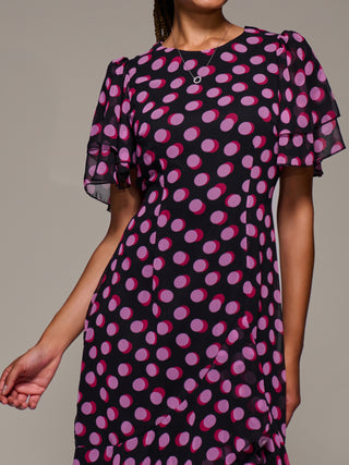 Ruffle Detail Chiffon Midaxi Dress, Black Spot
