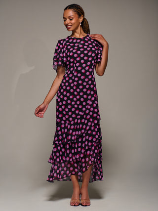 Ruffle Detail Chiffon Midaxi Dress, Black Spot