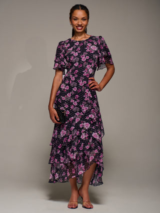 Ruffle Detail Chiffon Midaxi Dress, Navy Floral