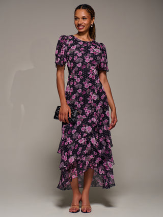 Ruffle Detail Chiffon Midaxi Dress, Navy Floral