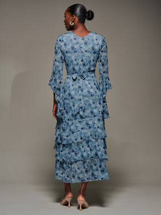 Mesh Ruffle Sleeve Tiered Midaxi Dress, Blue Floral